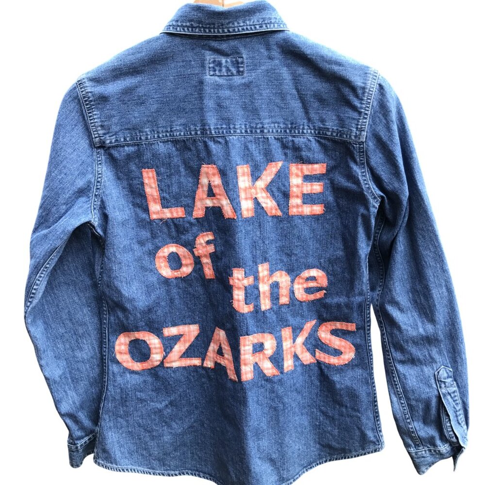 Lake of the Ozarks Denim Shirt, Upcycled Lightweight Women's Appliqued Top Small